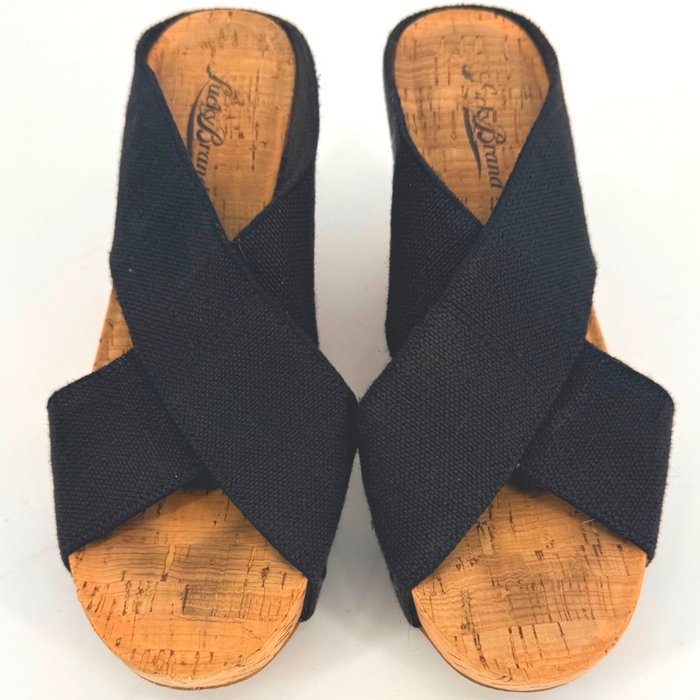 Lucky Brand Miller Black Canvas Cork Wedge‎ Sandals Platform Slides 6.5M